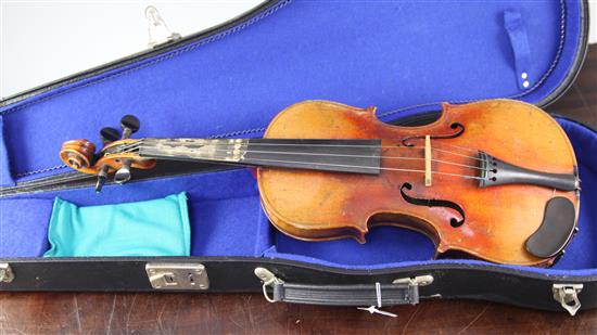 A 19th century three quarter size violin and case